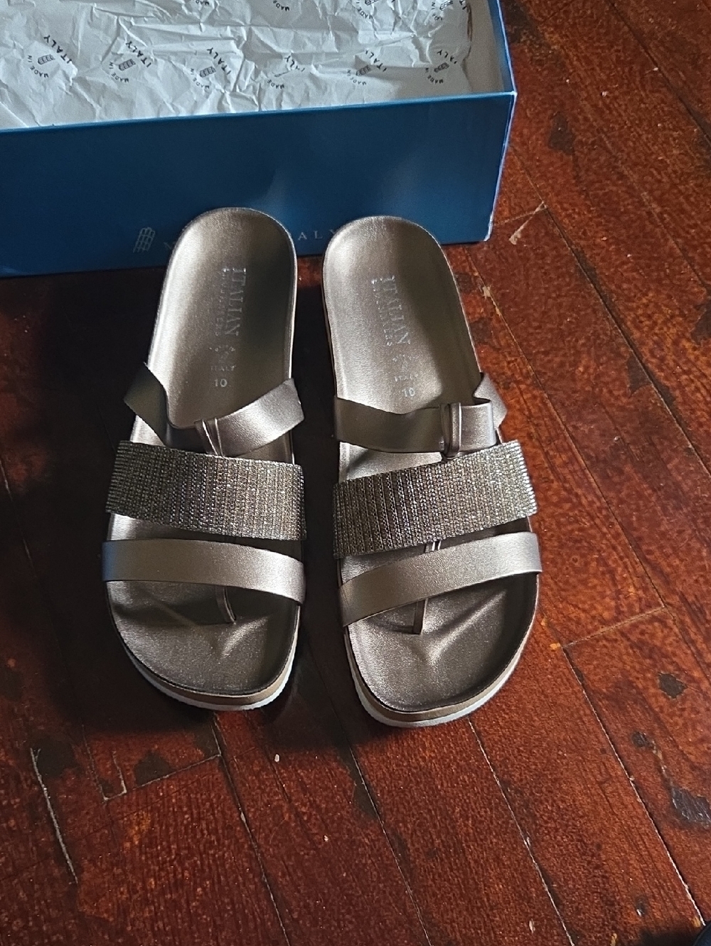 Metallic Bronze Slide Sandals with Sparkle Strap